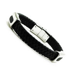 Men's Black Woven Leather Band Bracelet, Stainless Steel Clasp 8.5"