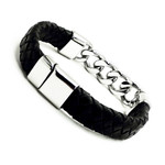 Men's Black Woven Leather Stainless Chain Bracelet 8.5"