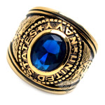 Men's Gold Plated  US Air Navy Military Ring, Blue Montana CZ