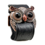 Garnet Crystal Owl Leather Cuff Bracelet