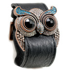 Aquamarine Crystal Owl Leather Cuff Bracelet