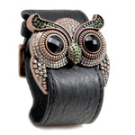 Emerald Crystal Owl Leather Cuff Bracelet