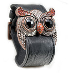 Ruby Crystal Owl Leather Cuff Bracelet