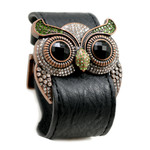 Peridot Crystal Owl Leather Cuff Bracelet