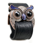 Sapphire Crystal Owl Leather Cuff Bracelet