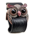 Rose Crystal Owl Leather Cuff Bracelet