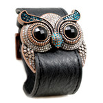 Blue Topaz Crystal Owl Leather Cuff Bracelet