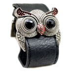 Silver Color Garnet Crystal Owl Leather Cuff Bracelet