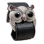 Silver Color Amethyst Crystal Owl Leather Cuff Bracelet