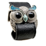 Silver Color Aquamarine Crystal Owl Leather Cuff Bracelet