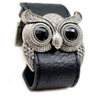 Silver Color Clear Crystal Owl Leather Cuff Bracelet