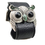 Silver Color Emerald Crystal Owl Leather Cuff Bracelet