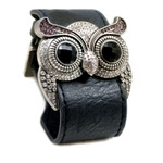 Silver Color Lt. Amethyst Crystal Owl Leather Cuff Bracelet