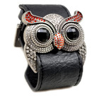 Silver Color Ruby Crystal Owl Leather Cuff Bracelet