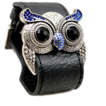 Silver Color Sapphire Crystal Owl Leather Cuff Bracelet