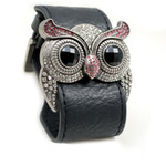 Silver Color Rose Crystal Owl Leather Cuff Bracelet