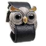 Silver Color Owl Leather Cuff Bracelet Simulated Citrine Crystal