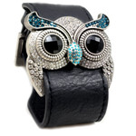 Silver Color Owl Leather Bracelet Blue Simulated Topaz Crystal