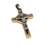 Silvertone and Brass St Benedict Crucifix Cross Pendant