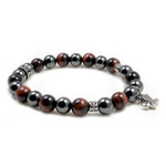 Men's 10MM Fleur De Lis Magnetic Hematite Red Tiger Eye Bead Bracelet 8.5"