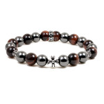 Men's 10MM Magnetic Hematite Red Tiger Eye Bead Maltese Cross Bracelet 8.5"