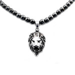 Men's Magnetic Hematite Round Bead Stainless Steel Lion Head Necklace