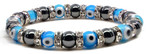 Womens Magnetic Hematite Tuchi Pearl Bracelet, Light Blue Evil Eyes Beads