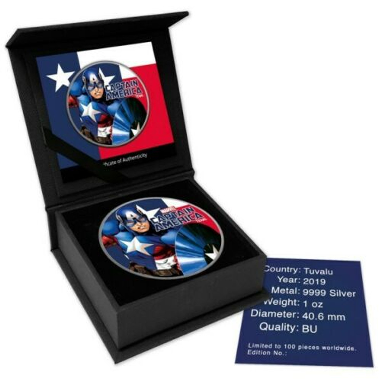 2019 TUVALU $1 MARVEL CAPTAIN AMERICA TEXAS FLAG 1 OZ COLORIZED SILVER COIN - DISPLAY CASE 2019 TUVALU $1 MARVEL CAPTAIN AMERICA TEXAS FLAG 1 OZ COLORIZED SILVER COIN - DISPLAY CASE