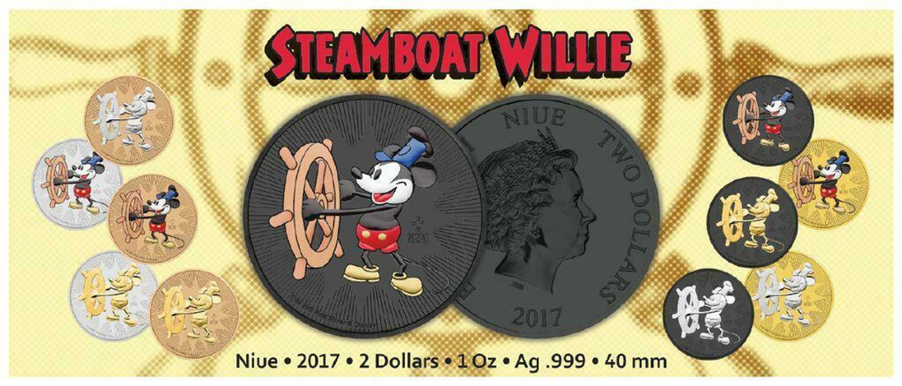 2017 NIUE $2 STEAMBOAT WILLIE  BLACK RUTHENIUM COLORED 1 OZ SILVER COIN - BANNER 2017 NIUE $2 STEAMBOAT WILLIE  BLACK RUTHENIUM COLORED 1 OZ SILVER COIN - BANNER