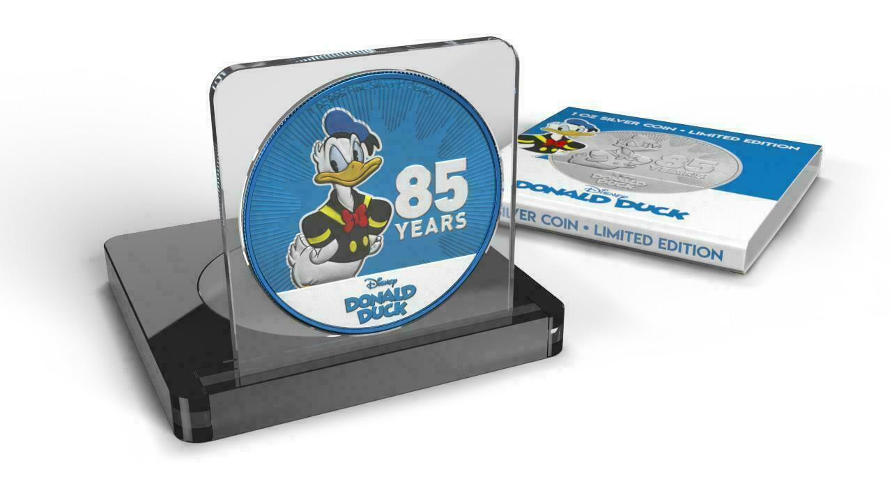 2019 NIUE $2 DONALD DUCK 85 YEARS - METALLIC BLUE 1 OZ SILVER COIN - DISPLAY CASE & BOX 2019 NIUE $2 DONALD DUCK 85 YEARS - METALLIC BLUE 1 OZ SILVER COIN - DISPLAY CASE & BOX
