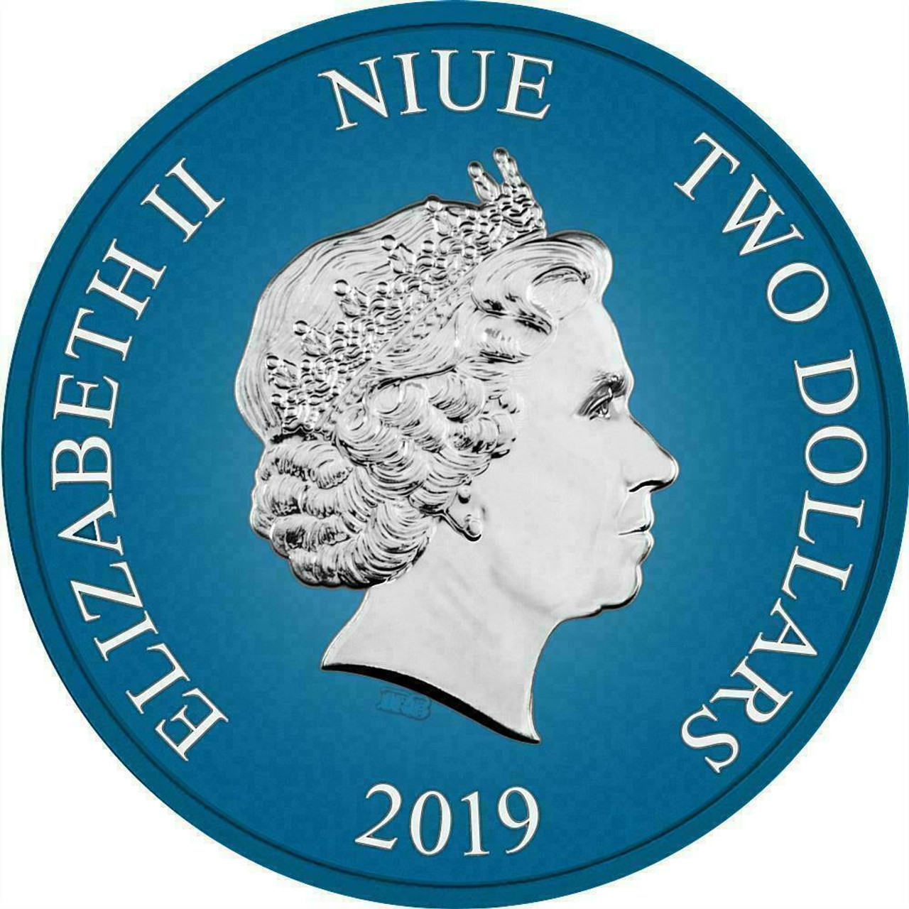 2019 NIUE $2 DONALD DUCK 85 YEARS - METALLIC BLUE 1 OZ SILVER COIN - OBVERSE 2019 NIUE $2 DONALD DUCK 85 YEARS - METALLIC BLUE 1 OZ SILVER COIN - OBVERSE