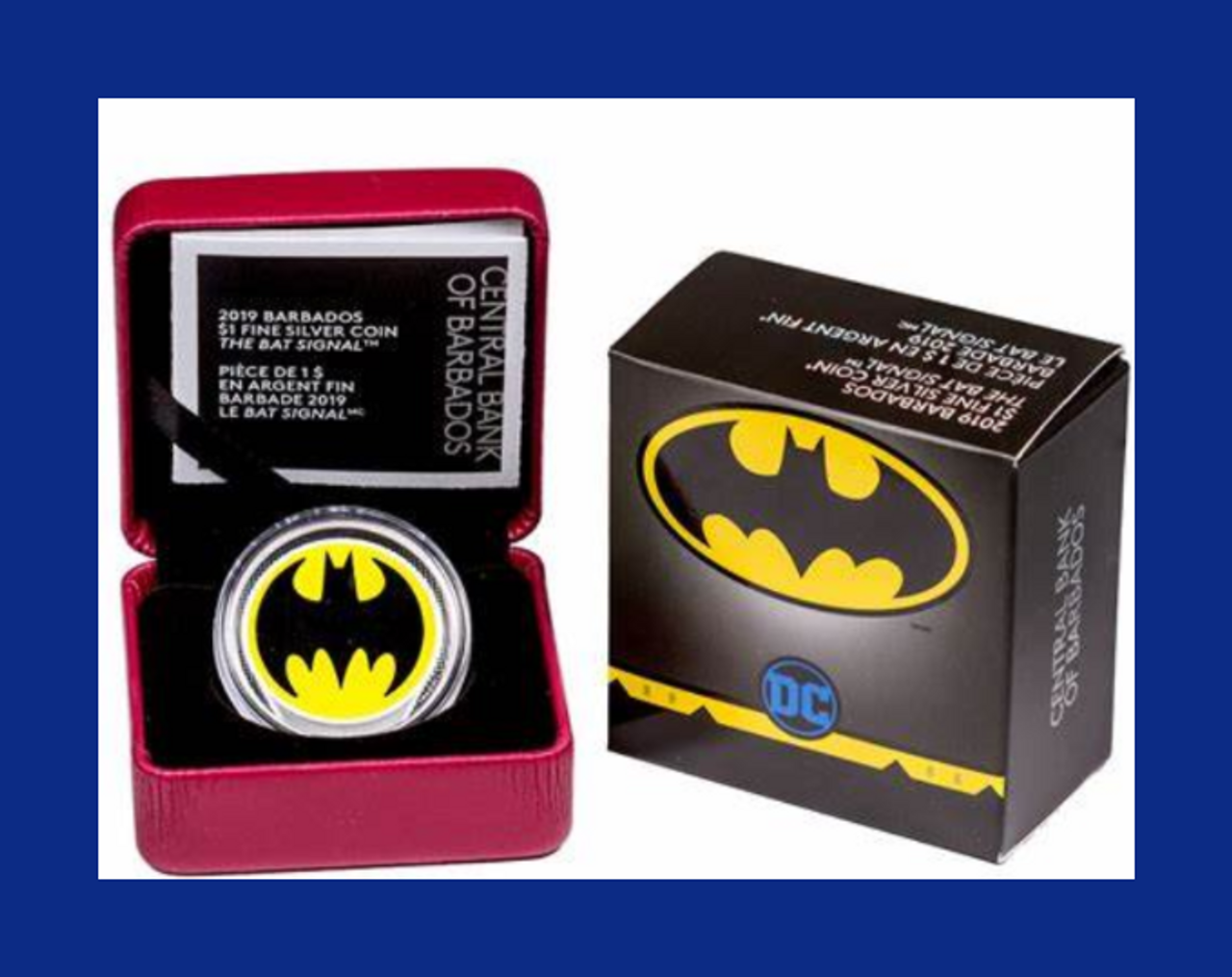 2019 BARBADOS  $1 DC BATMAN GLOW IN THE DARK BAT SIGNAL SILVER COIN -      PACKAGING