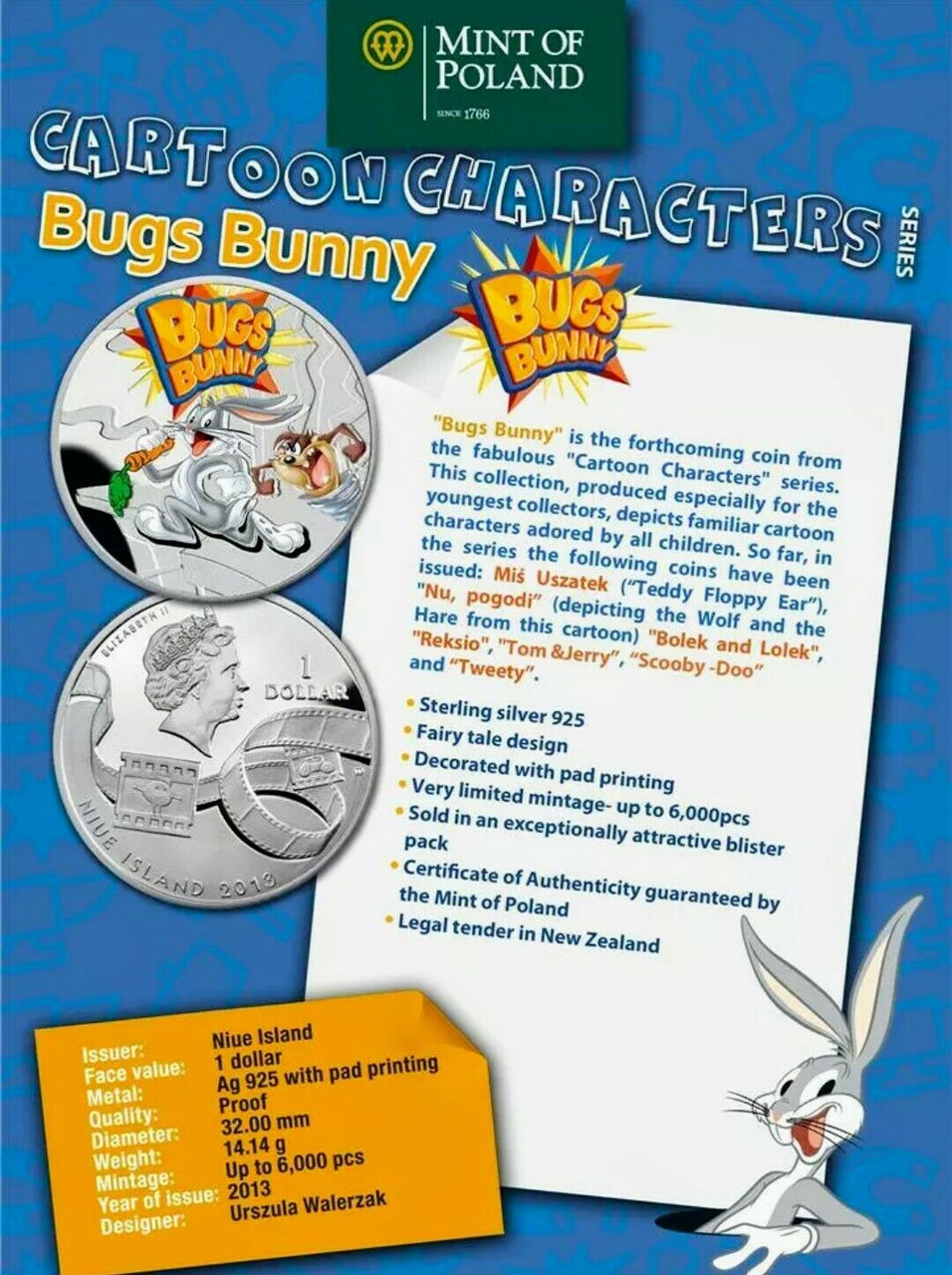2013 NIUE $1 - BUGS BUNNY CARTOON SILVER PROOF COIN-5 2013 NIUE $1 - BUGS BUNNY CARTOON SILVER PROOF COIN-5