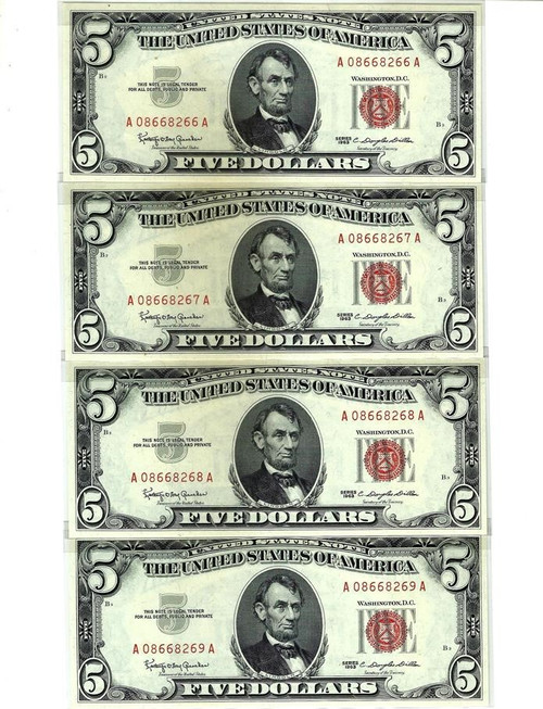 1963 $5 RED SEALS - 4 CONSECUTIVE NOTES