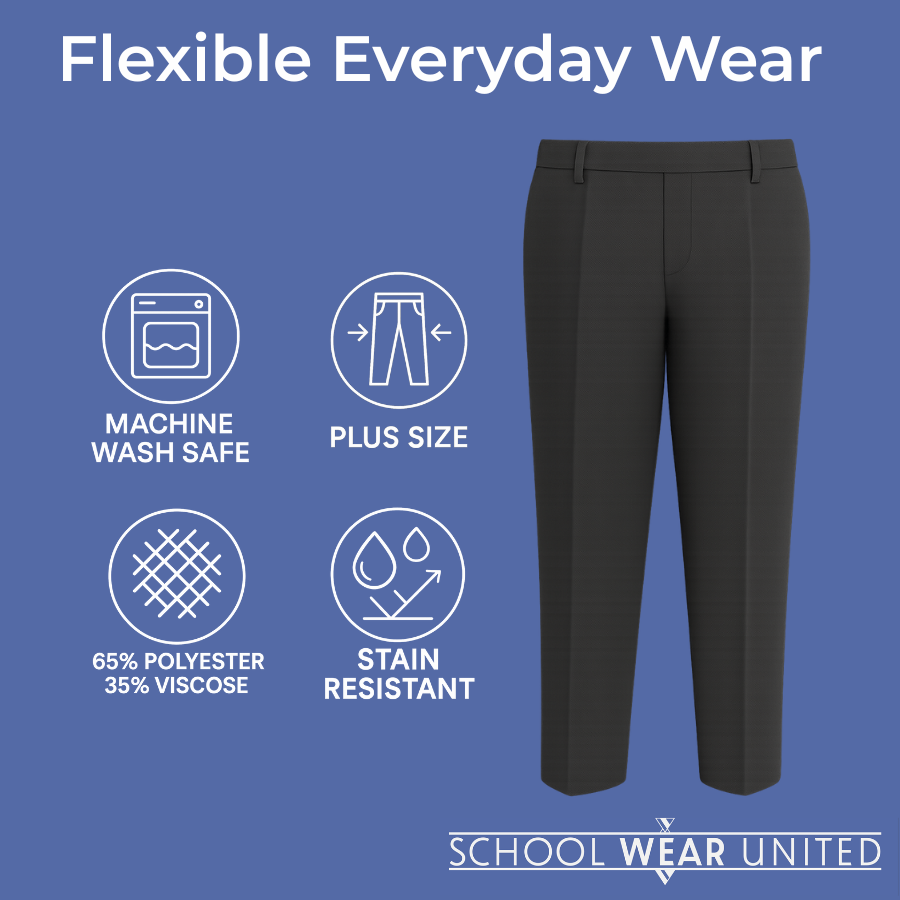 Boys’ Sturdy Fit Plus Size School Trousers – Wider Waist, Shorter Leg for Comfort (Ages 4–17)