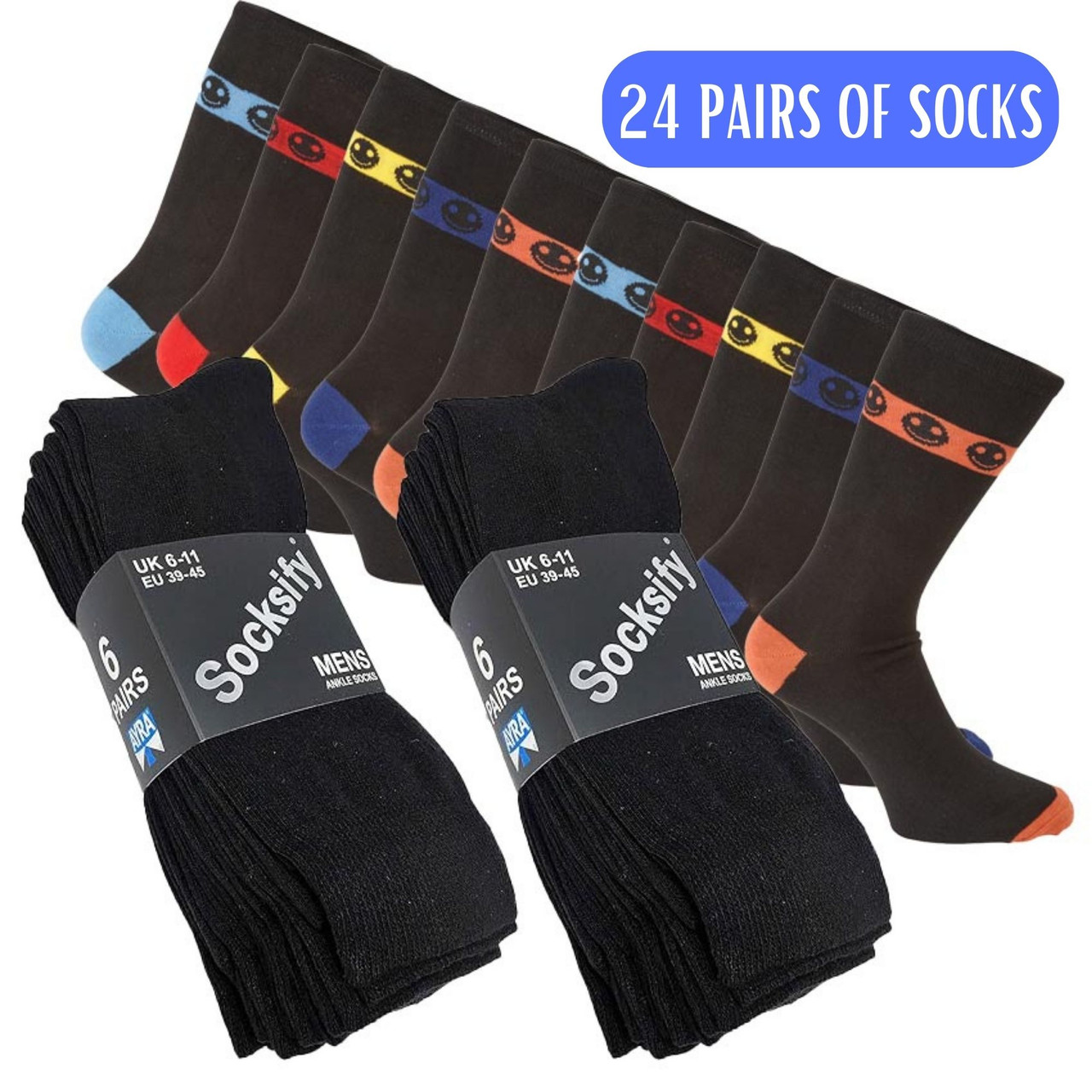24 pairs of Plain and Smiley Adult Mens Socks - 6-11