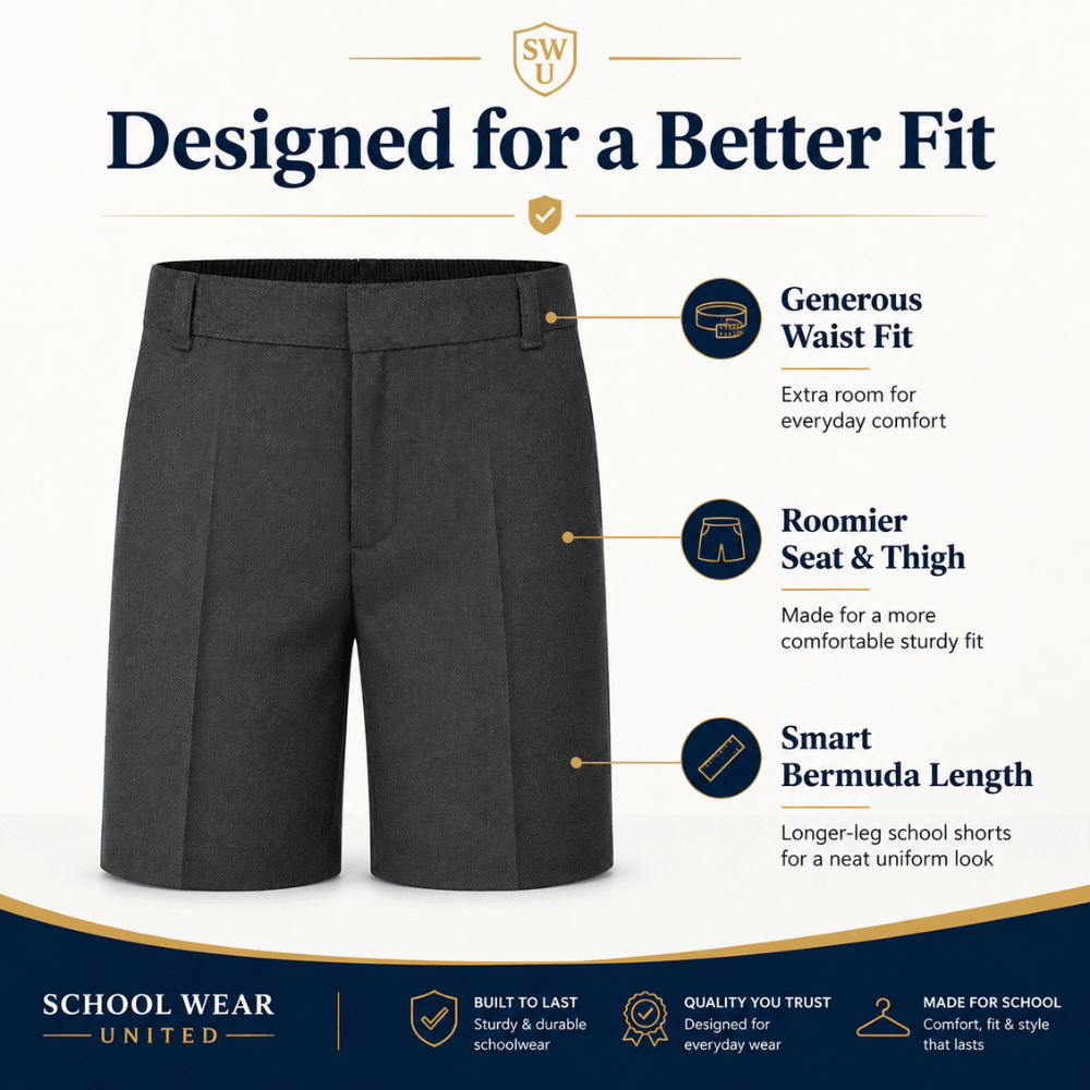 Boys Sturdy Fit School Shorts, Plus Size Generous Fit Bermuda Uniform Shorts, Ages 3-17