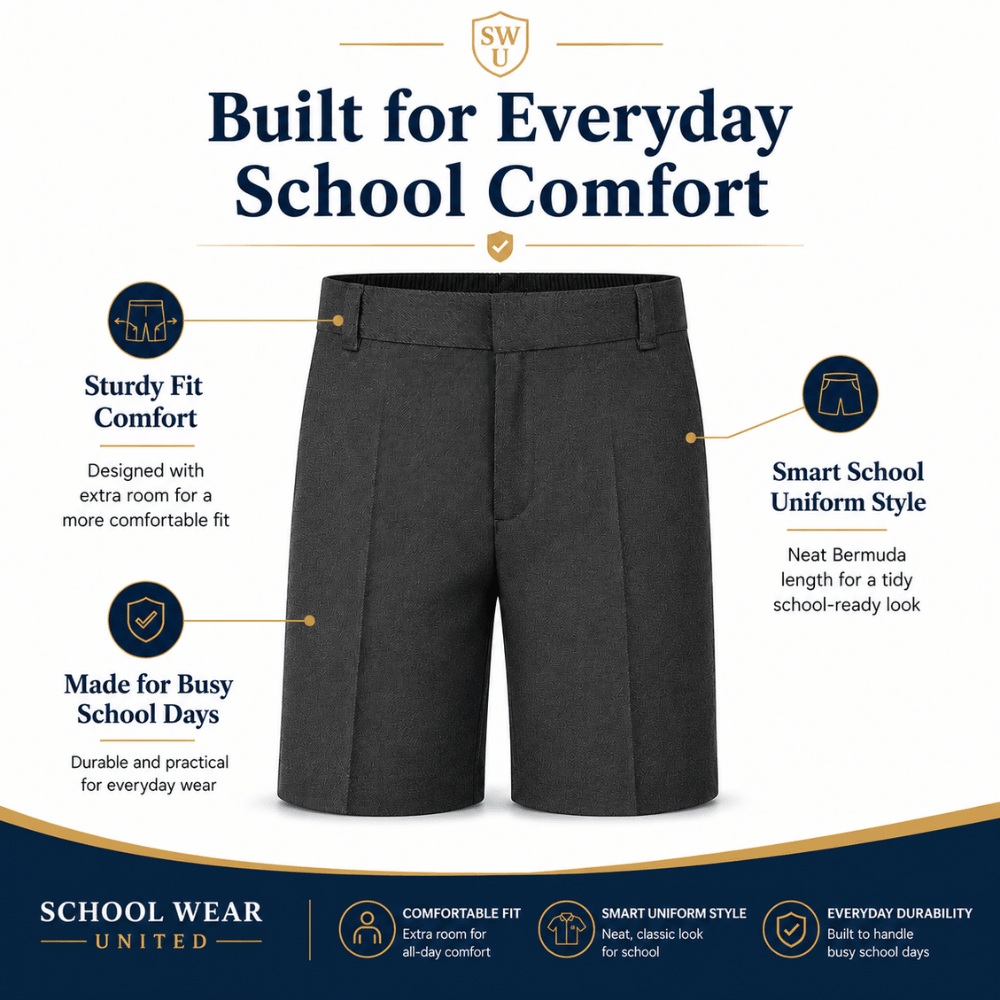 Boys Sturdy Fit School Shorts, Plus Size Generous Fit Bermuda Uniform Shorts, Ages 3-17
