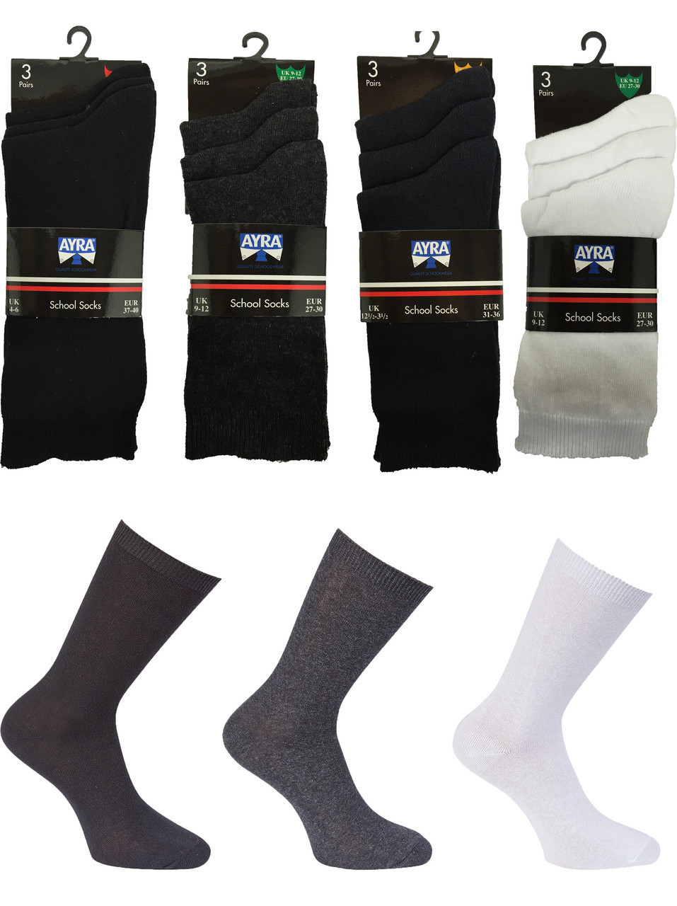 12 Pairs of Children, Boys, Girl Plain School Socks (Ayra)