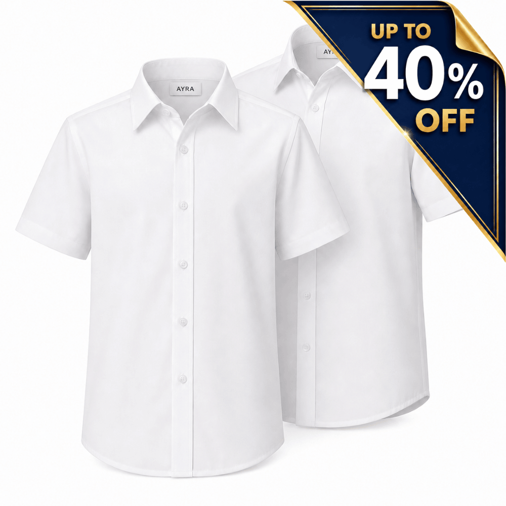 Boys 2 Pack Non Iron School Shirts, White Short Sleeve School Uniform Shirts