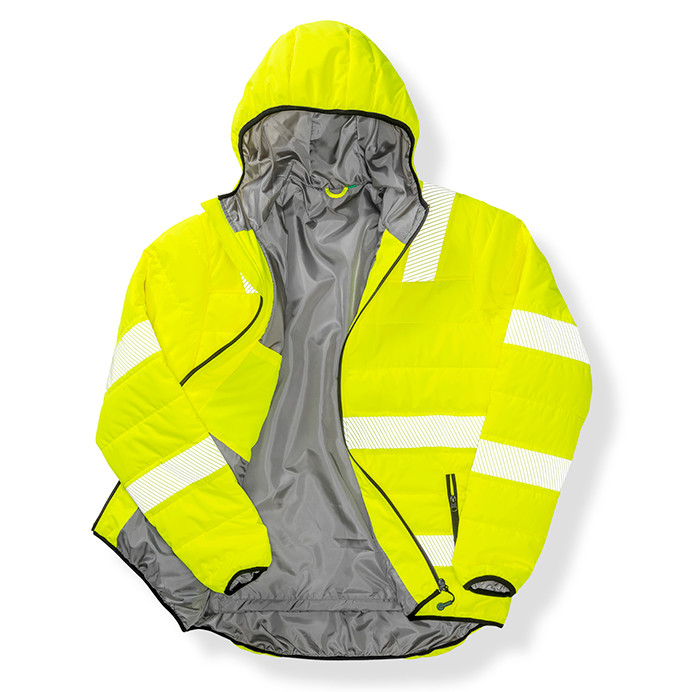 Hi Vis Padded Jacket, Class 2, Ripstop with Hood (Result Recycled Safe-Guard R500X)