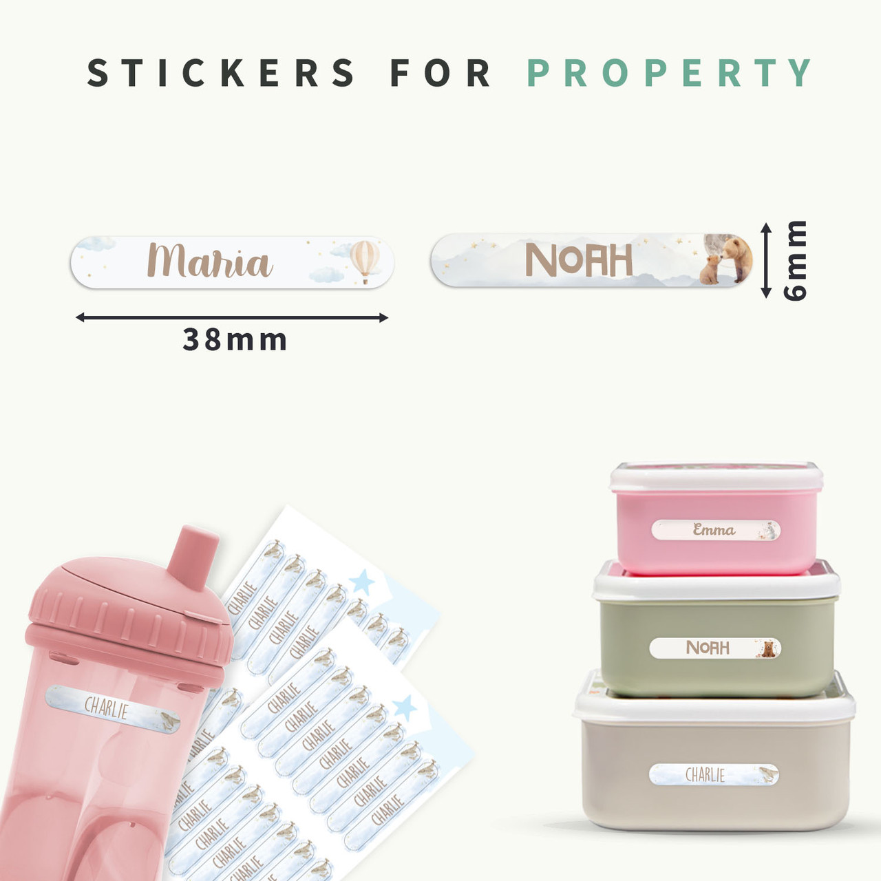 Easy2Name Mini Name Stickers for Kids, Watercolour Designs