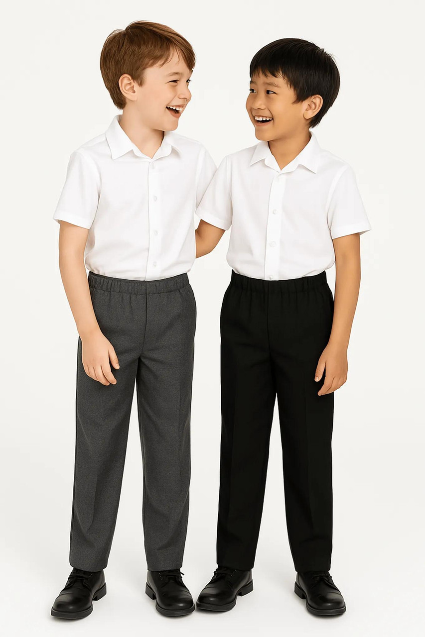 Boys Pull Up School Trousers, Full Elastic Waist, Single Pair, Ages 2-16