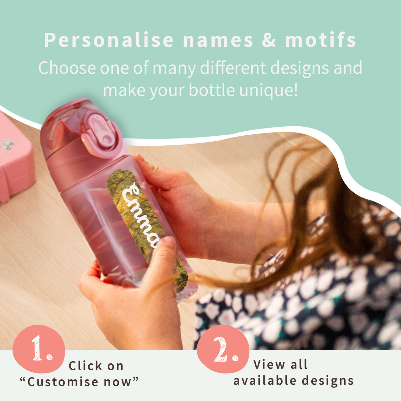 Easy2Name Personalised Kids Water Bottle with Name, Real World Pictures, 450 ml