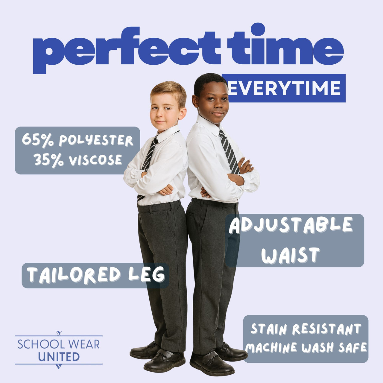 Boys Waist Adjustable School Uniform Trouser 2 Pack