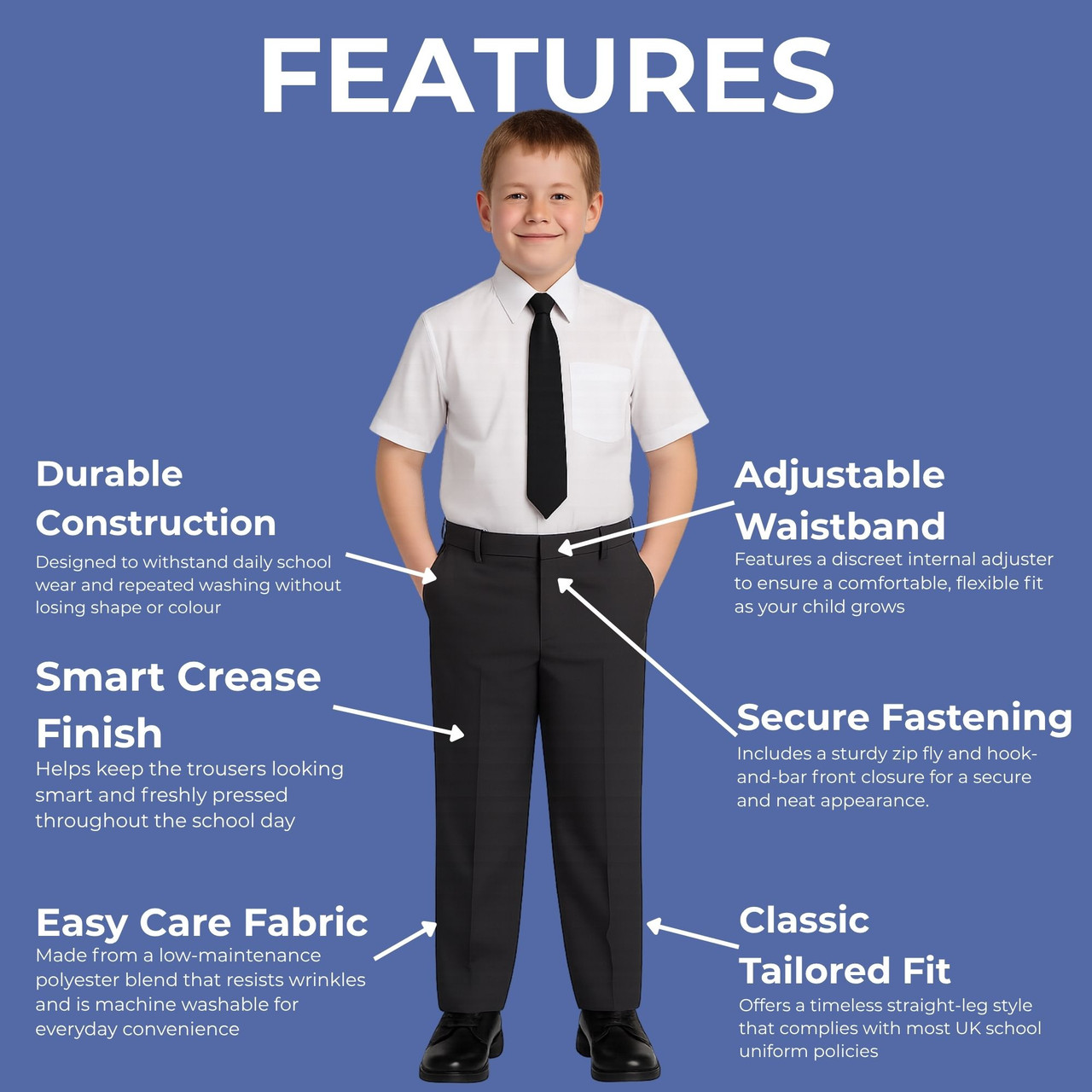 Boys Waist Adjustable School Uniform Trouser 2 Pack