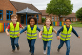 A diverse group of four children—two boys and two girls—wearing matching high-visibility safety vests, standing side by side and smiling against a plain white background. Ideal for showcasing product fit and inclusivity.