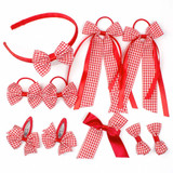 Gingham School Hair Bows - 10 Piece Set - Hand-Tied Hair Accessories for Kids RED