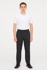 A teenage boy wearing senior grey sturdy fit school trousers with a full elastic waist and smart fit, shown standing against a plain white background for a clean, uniform-focused look.