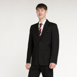 Zeco unisex fitted badge-access blazer in black, worn, side view, close up